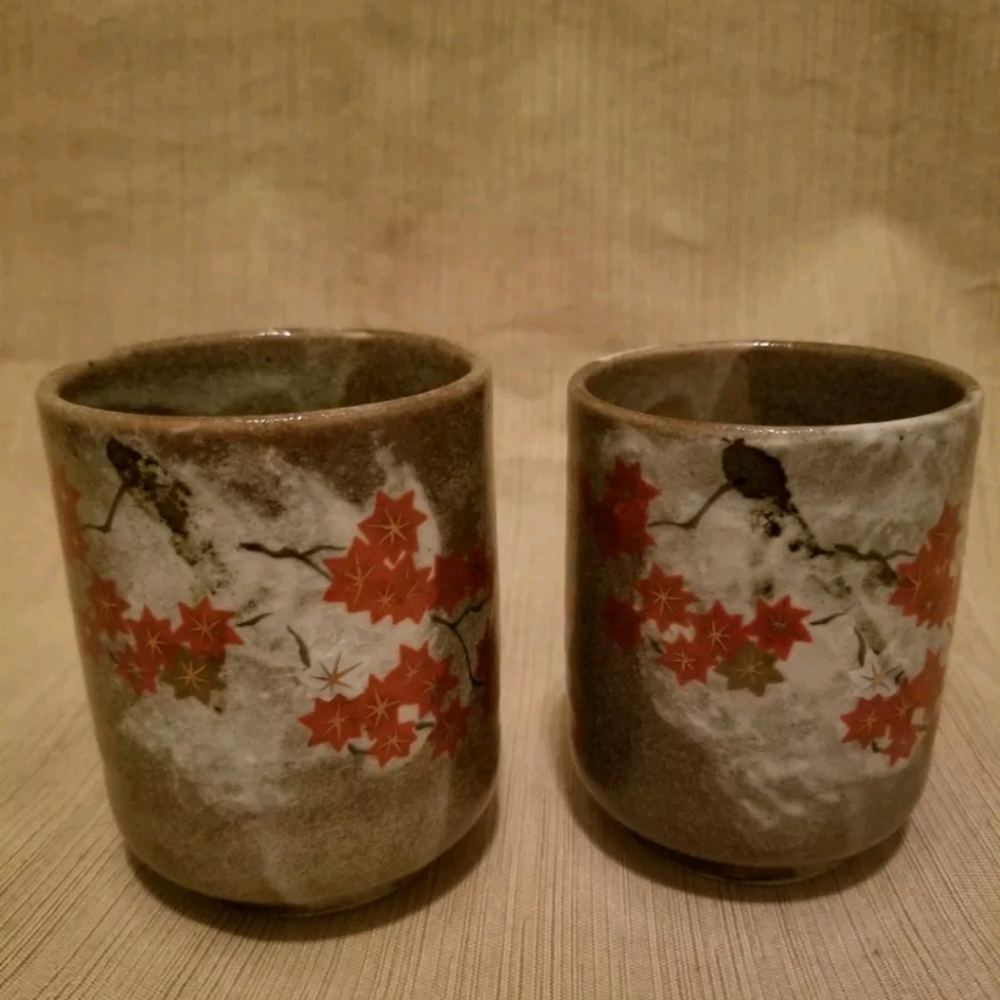 Ceramic Pottery Signed Asian Stackable Mugs Cups